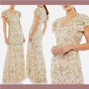 NWT $698 Mac Duggal [ 22 ] Embellished Ruffled Cap Sleeve V-Neck Gown Nude #Q608
